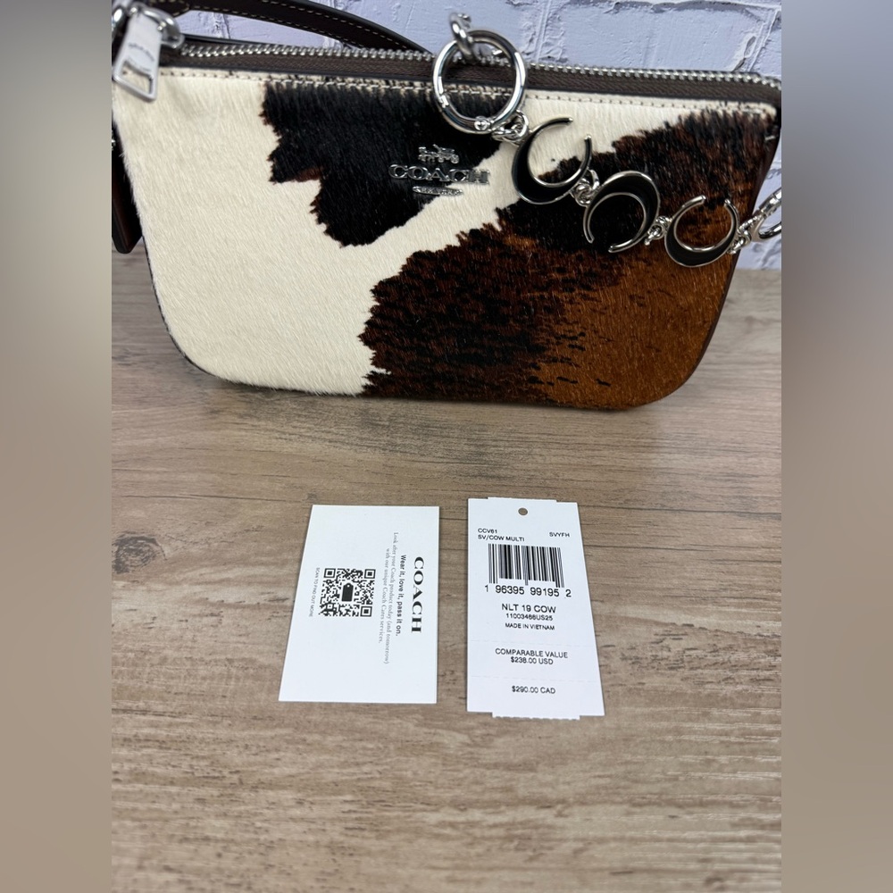 Coach Nolita 19 Cow Print NWT Silver with a free unbranded chain extender silver - Picture 10 of 14